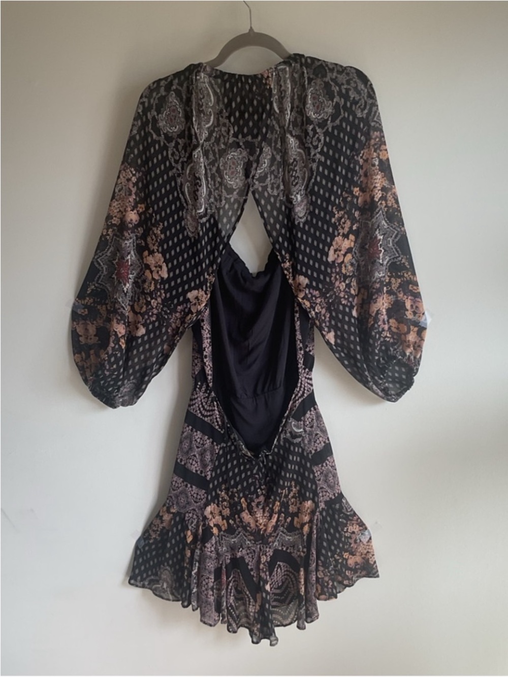 Free People Black and Taupe Paisley Long-Sleeve A-Line Dress - Picture 5 of 7